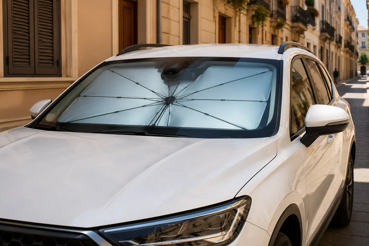 SUV aparcado al sol con el parasol SOMRA en el parabrisas