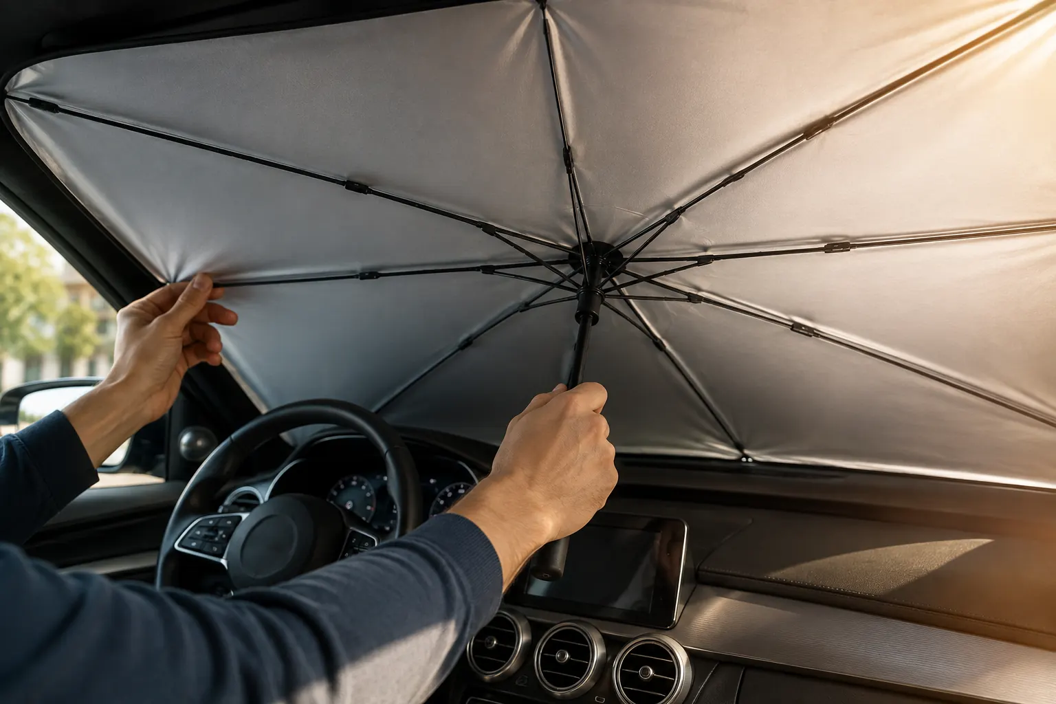 Conductor colocando el parasol SOMRA desde su asiento