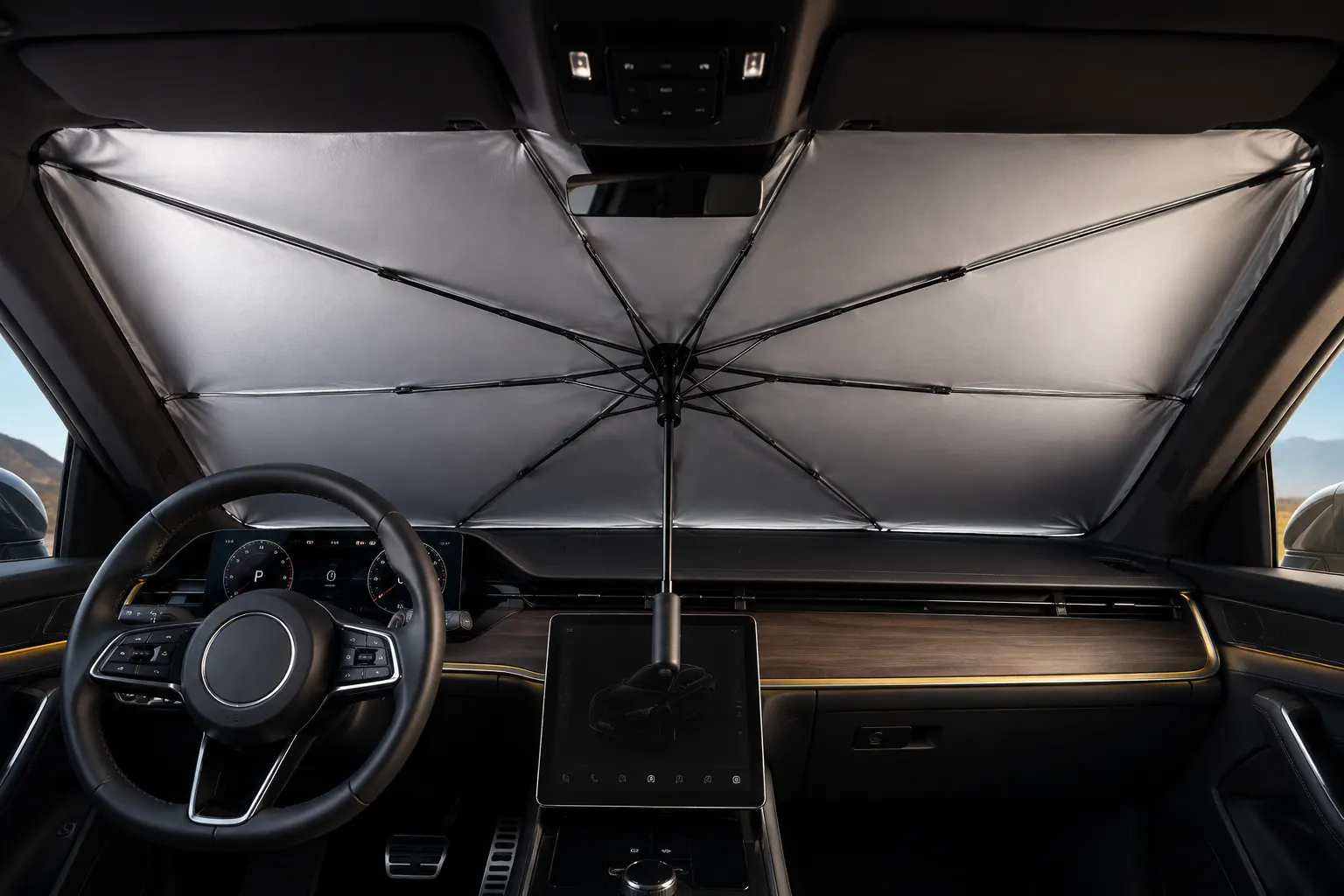 Parasol coche SOMRA desplegado en el parabrisas visto desde el interior