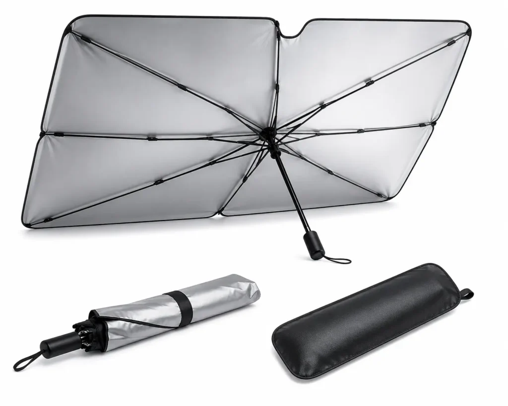 Parasol coche plegable SOMRA abierto, plegado y con su funda