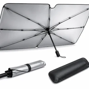 Parasol coche plegable SOMRA abierto, plegado y con su funda
