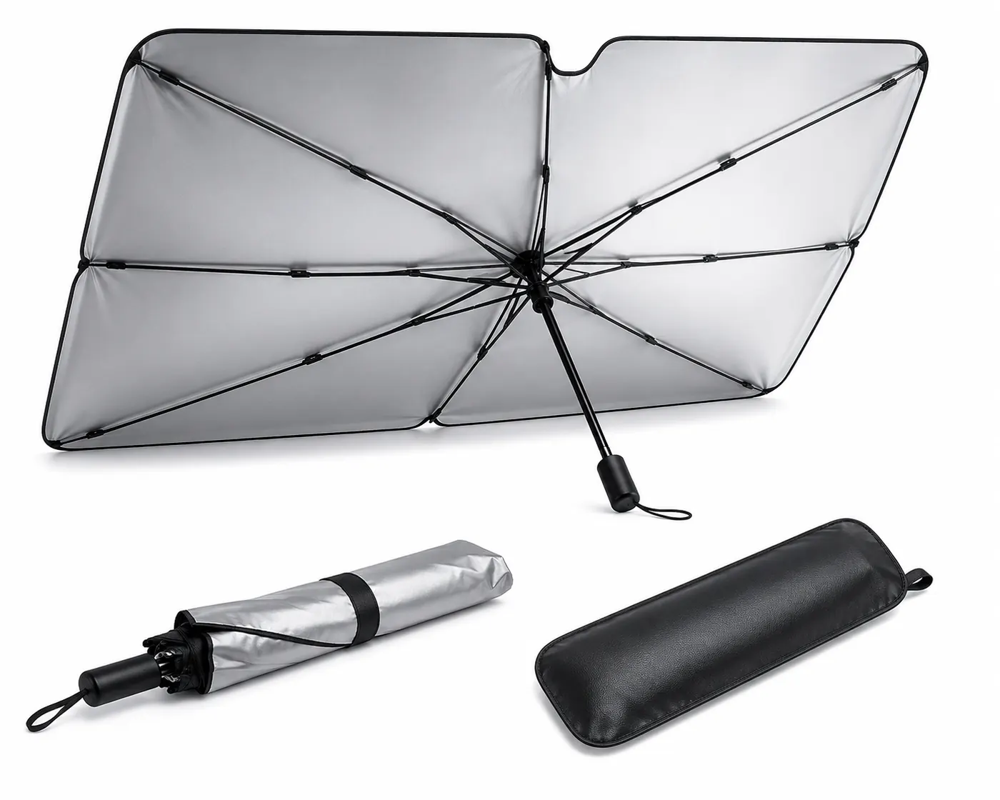 Parasol de coche SOMRA de 7 capas plegado sobre el salpicadero