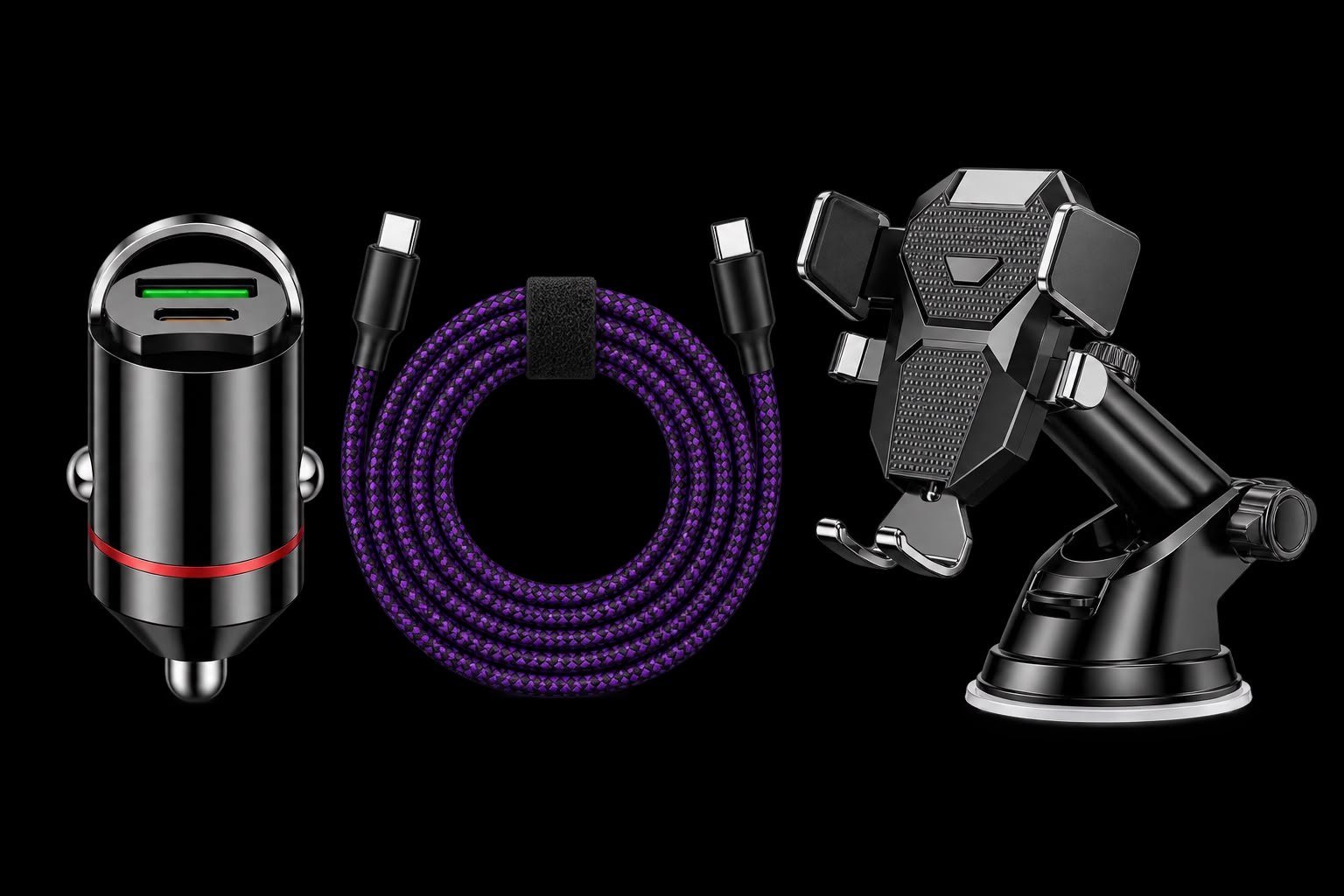 Pack SOMRA para coche: cargador de carga rápida, cable USB-C y soporte con ventosa 360°